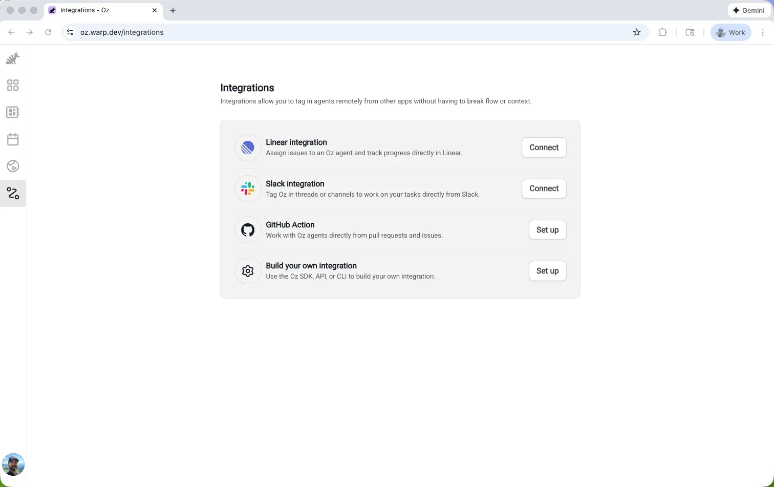The Integrations page in the Oz web app.